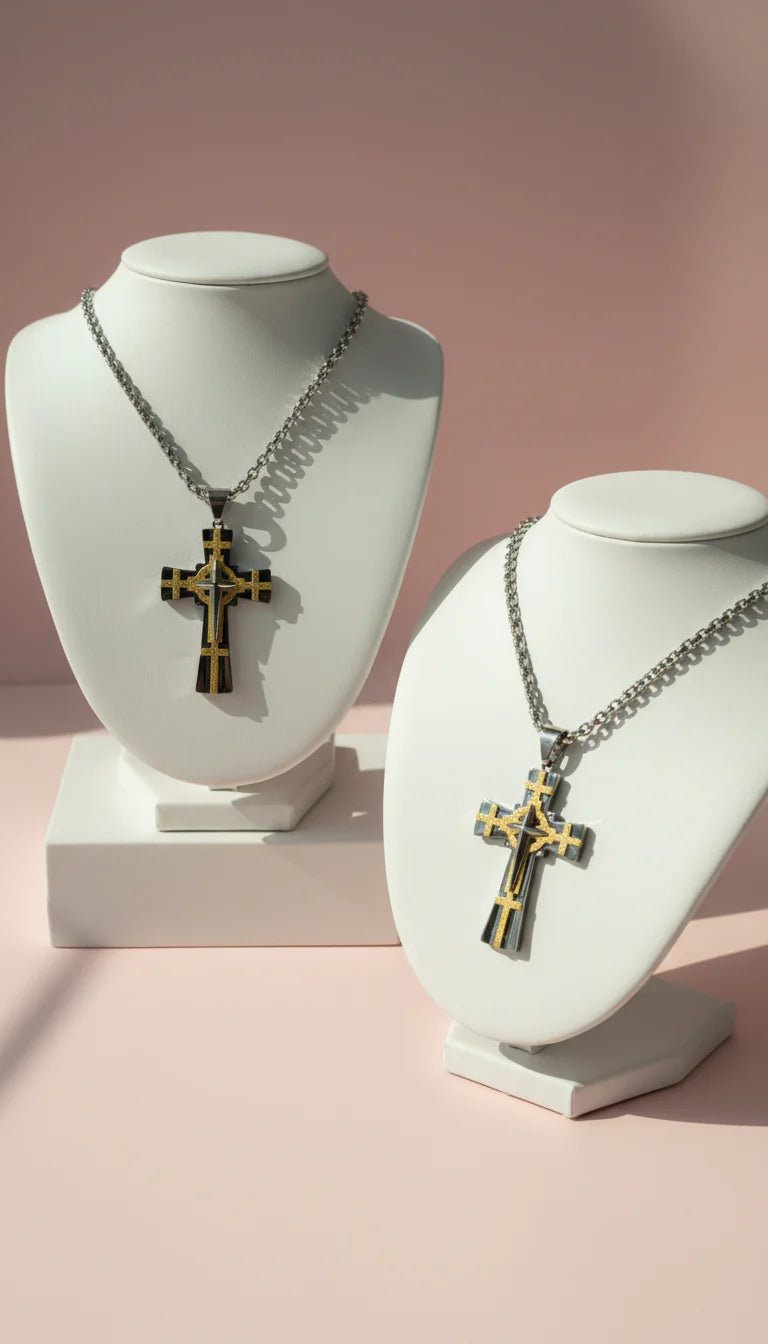 Two Tone Textured Stainless Steel Cross Necklace