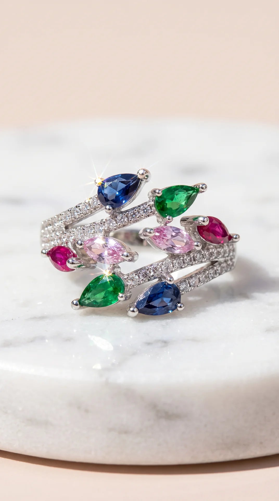 Box Of 12 Multicolor Crystal Free Size Gold Plated Adjustable Statement Rings