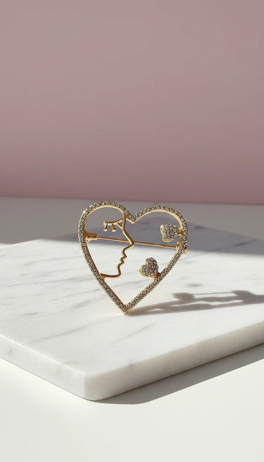 Profile & Open Heart Crystal Brooch