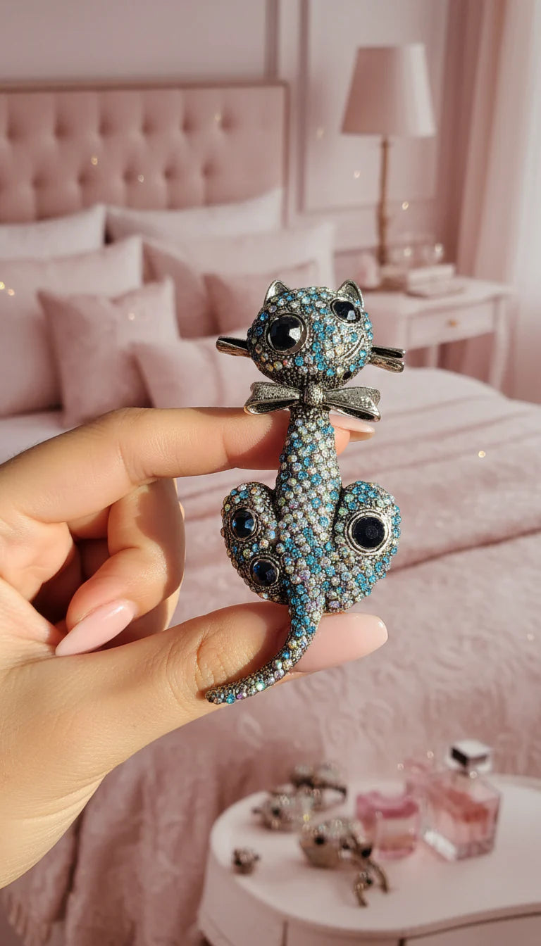 Crystal Cat With Bow Tie Brooch Pin