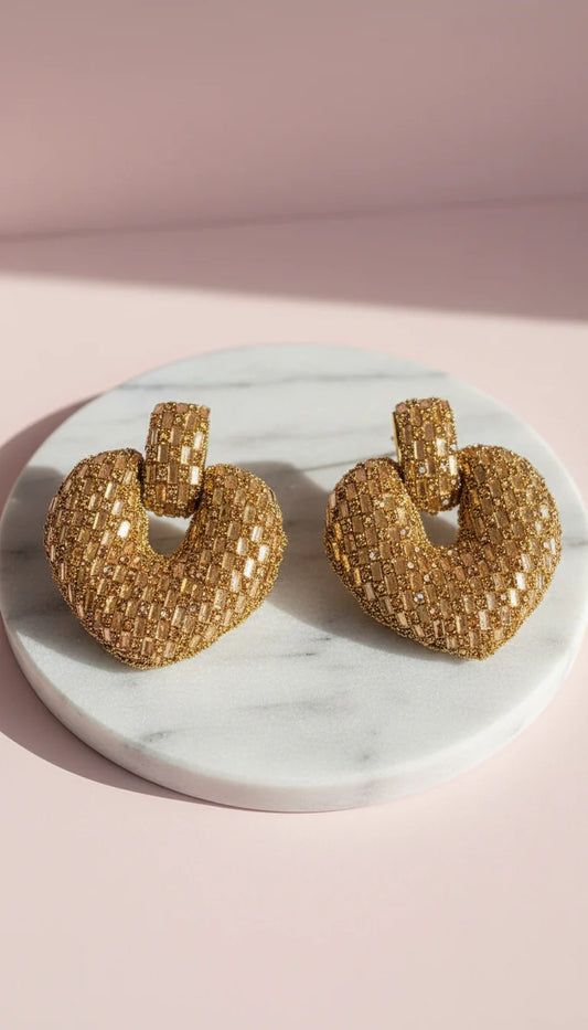 Gold Crystal Heart Statment Earrings
