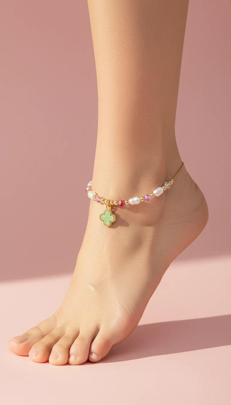 Clover & Pearl Beaded Pull Tie Anklet