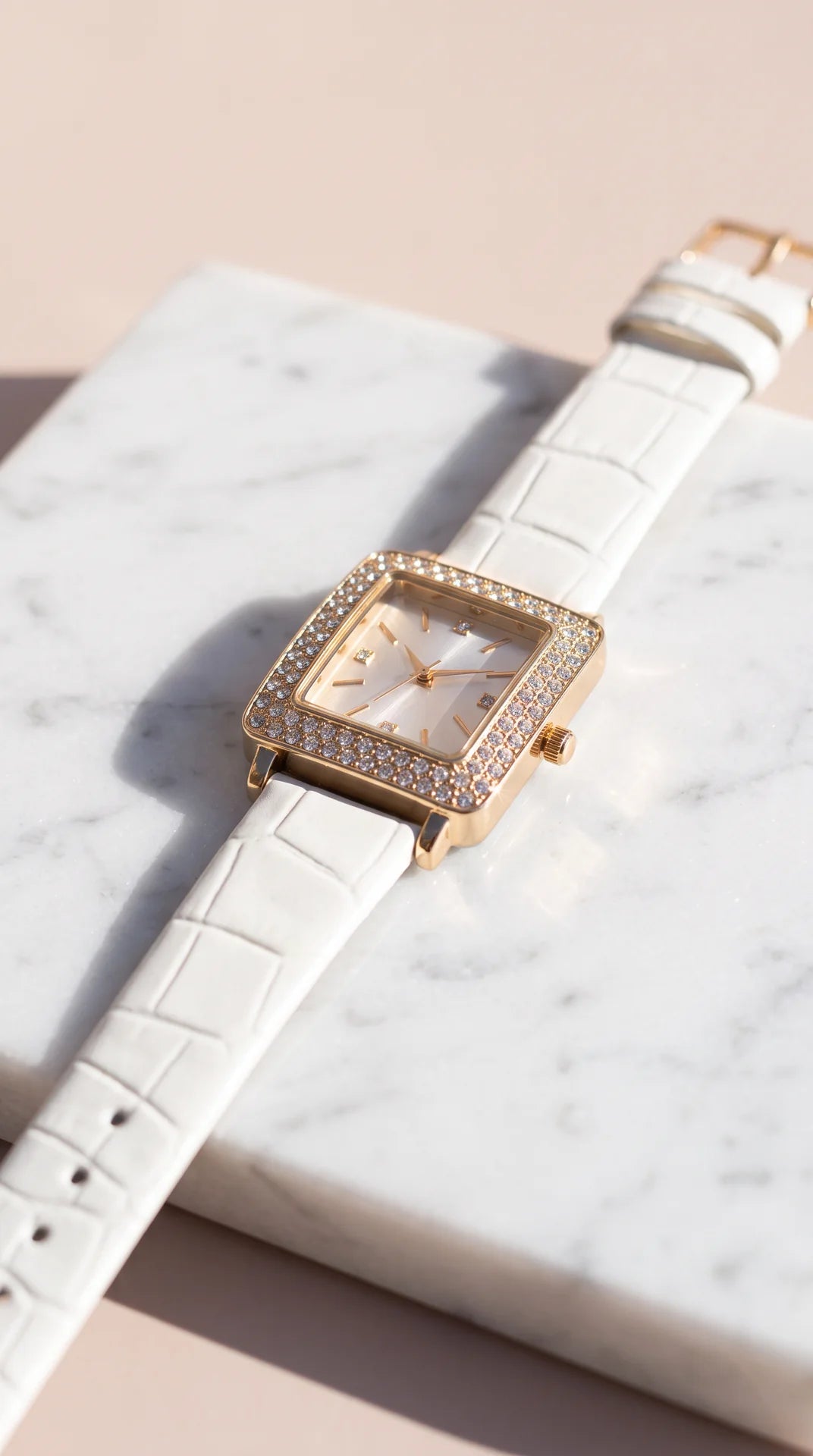 Square Crystal Bezel Watch – Elegant Leather-Style Strap