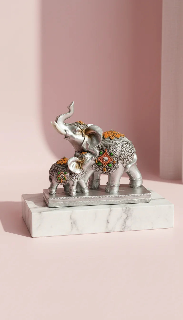 Standing Mirrored Mosaic Elephant With Baby Figurine