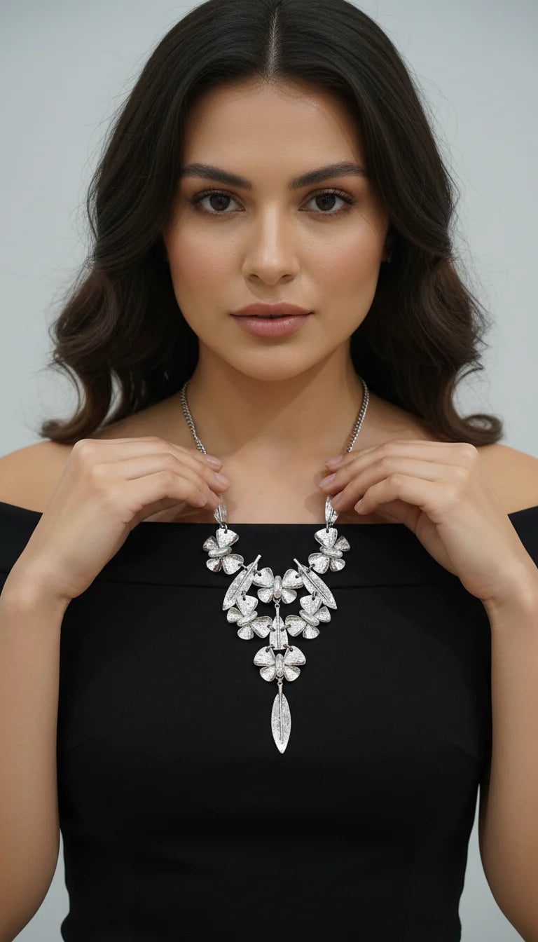 Silver Butterfly Statement Crystal Necklace