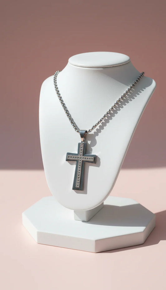 Layered Studded Crystal Cross Symbolic Necklace