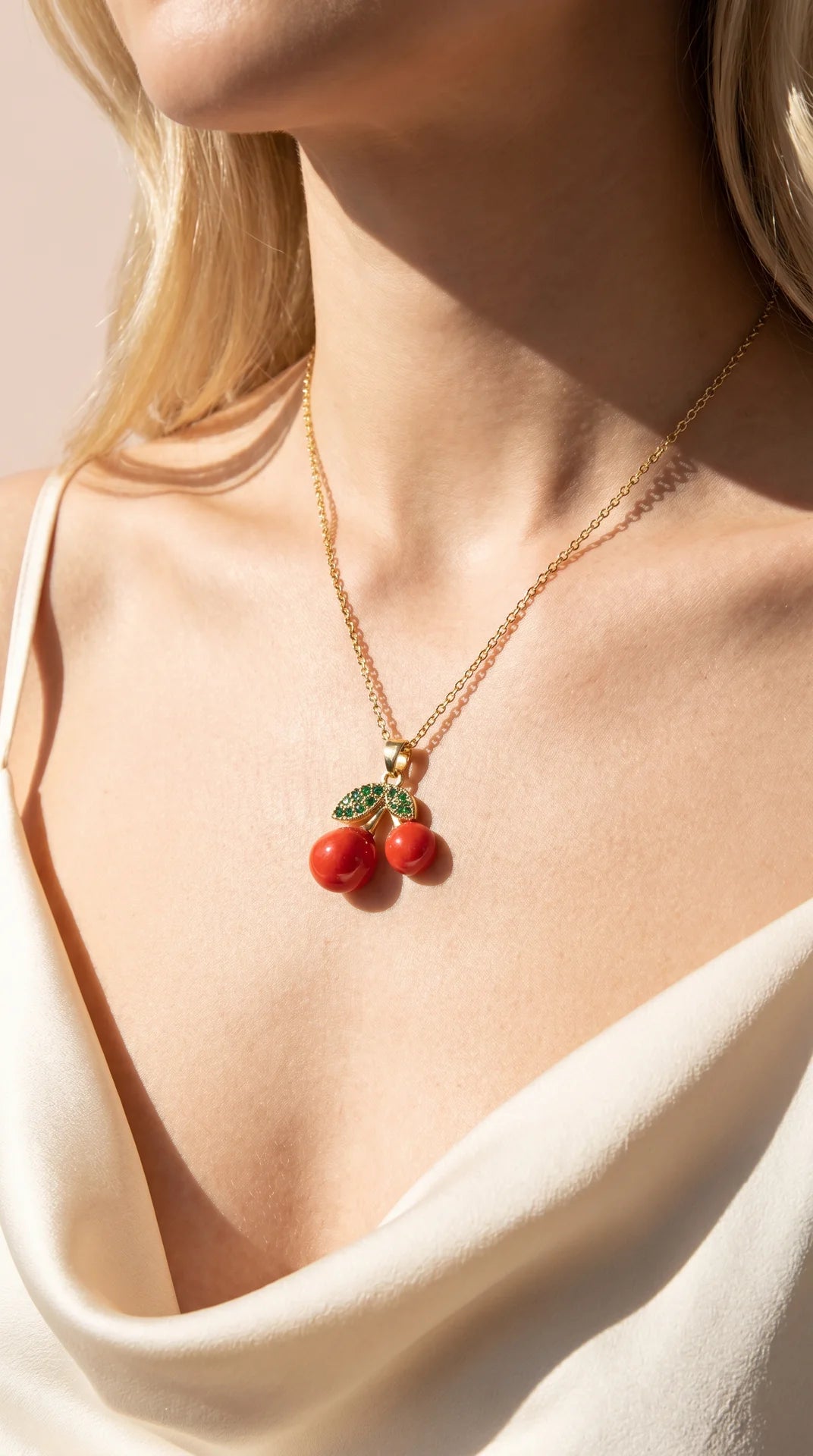 Red Cherry Crystal Gold Plated Steel Pendant Necklace
