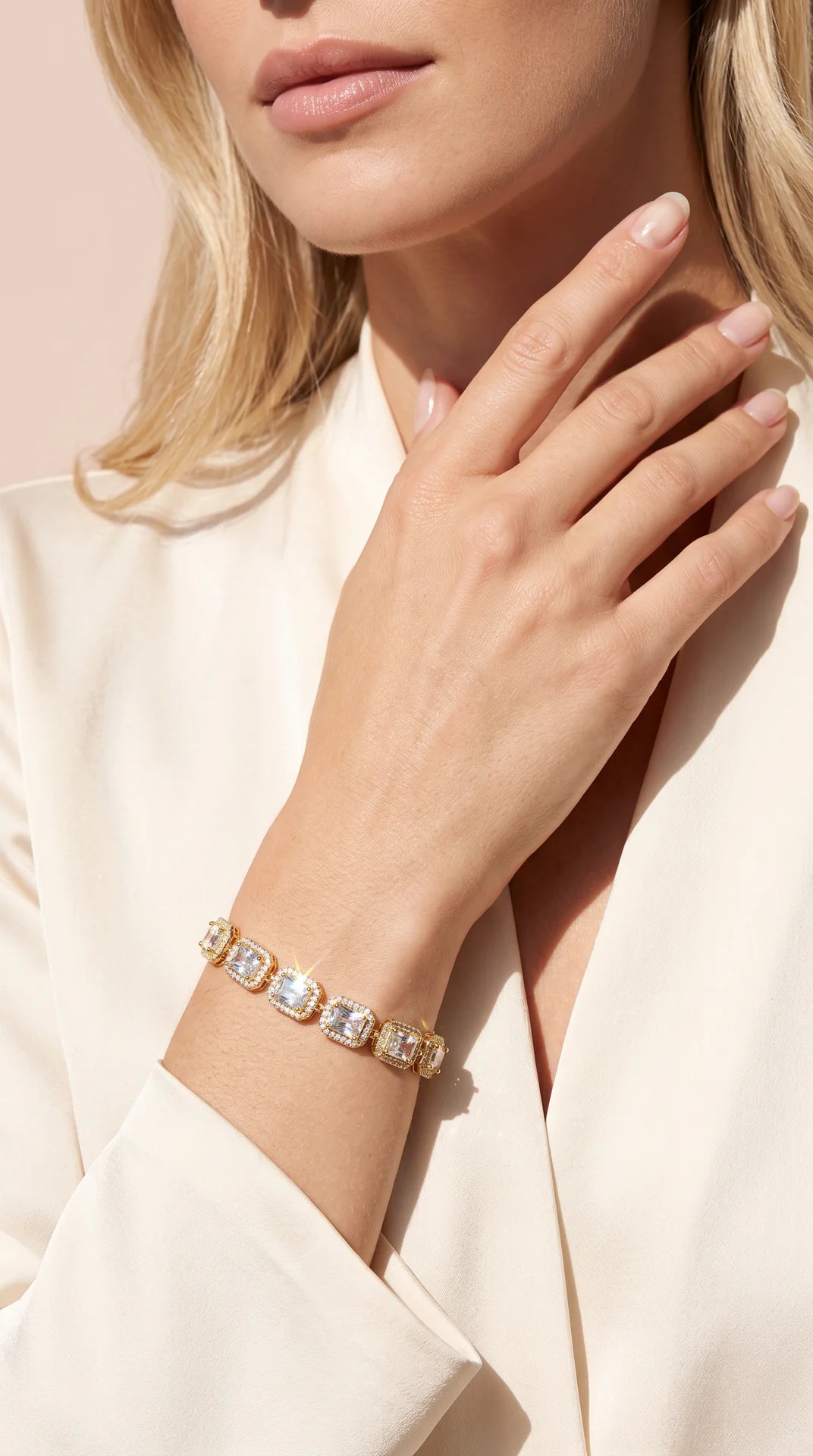 Gold Plated Emerald Cut Crystal Clear Tennis Bracelet