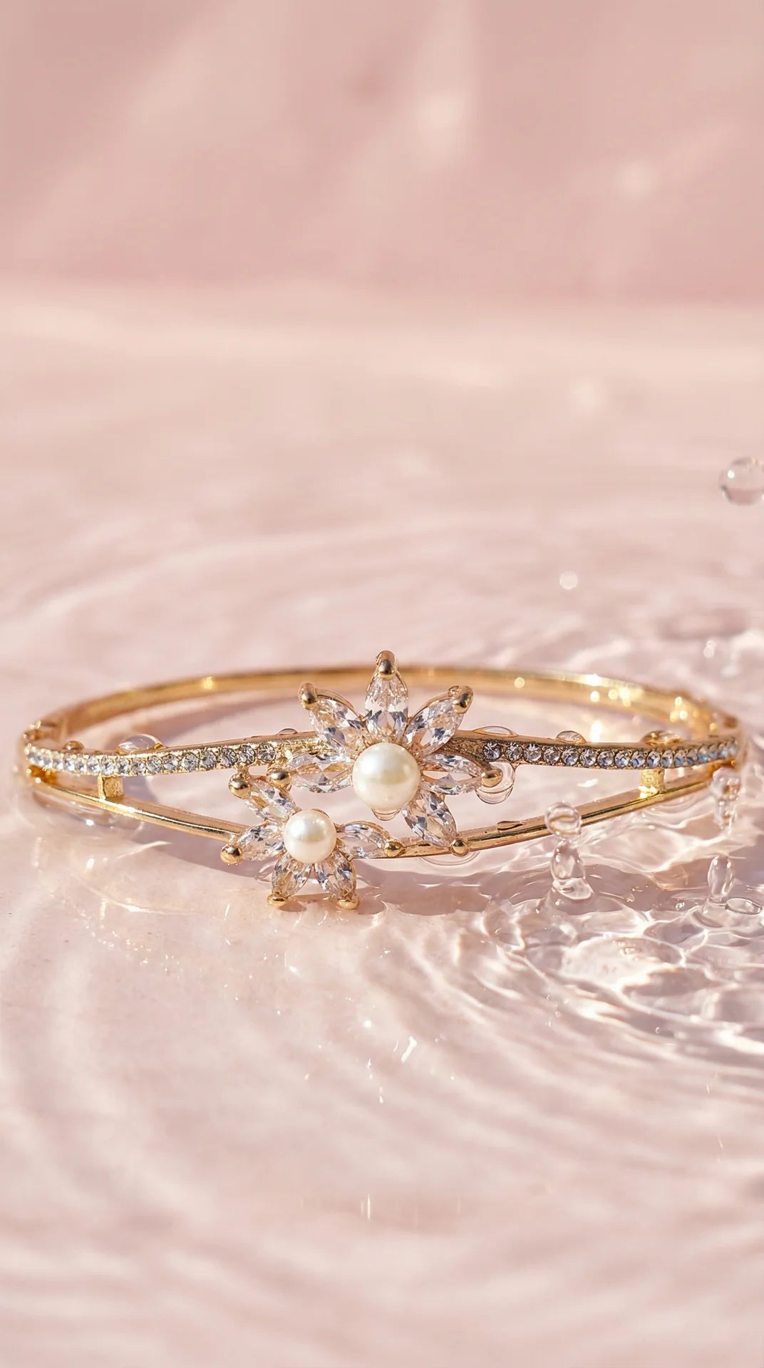 Flower & Pearls Crystal Inlaid Stainless Steel Gold Plated Hinged Bangle