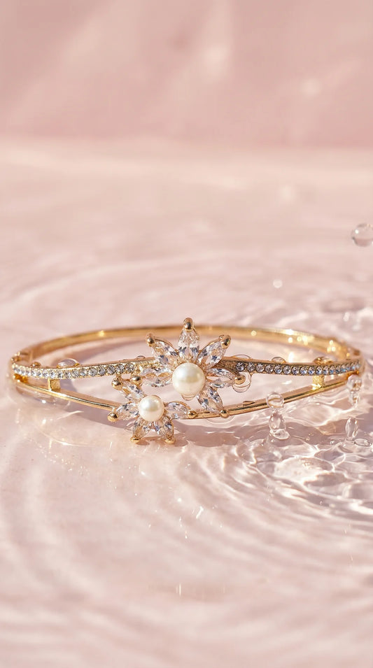 Flower & Pearls Crystal Inlaid Stainless Steel Gold Plated Hinged Bangle