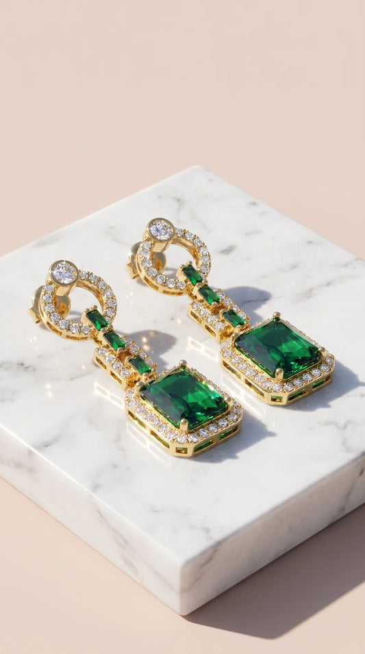 Rectangular Drop & Dangle Crystal Gold Plated Earrings