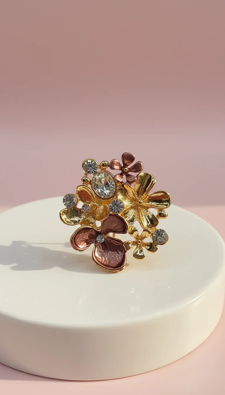 Floral Crystal Cluster Magnetic Enamel Brooch