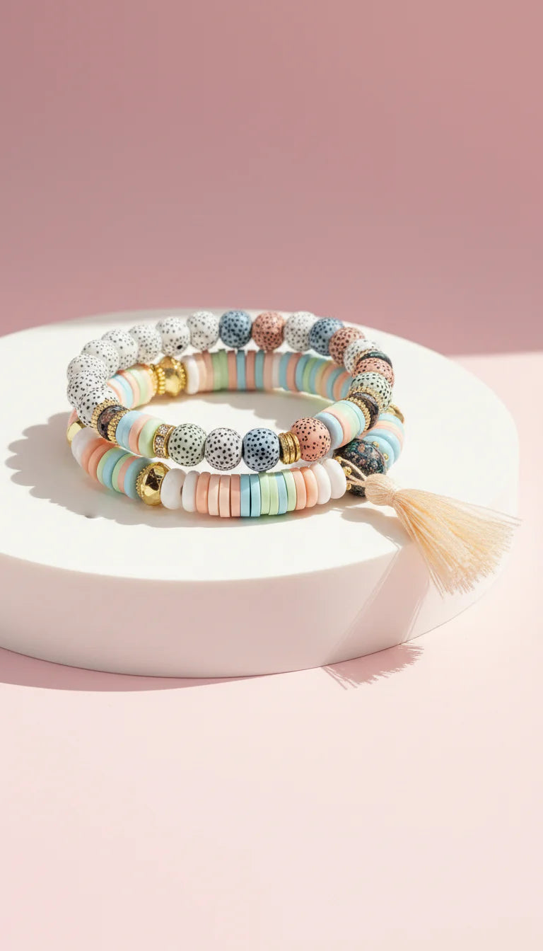 Tassel & Hamsa Charm Ceramic Beaded Bracelet Set
