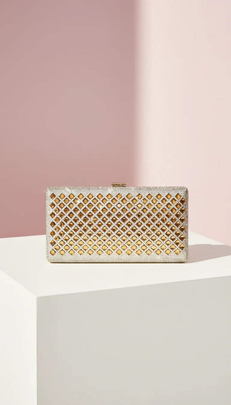Gold Mirrored Box Crystal Clutch Bag