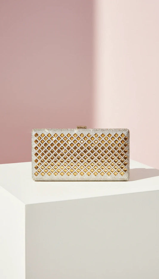 Gold Mirrored Box Crystal Clutch Bag