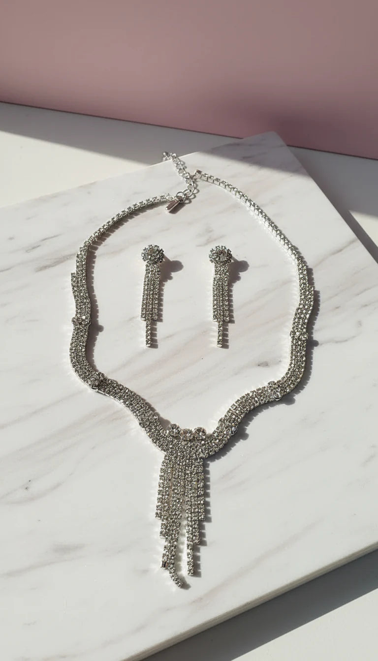 Wavey Statement Crystal Necklace & Earrings Set