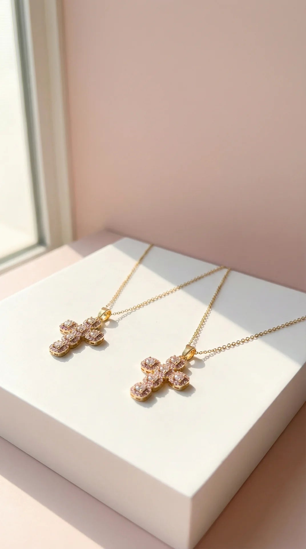 Two gold necklaces with pink cross pendants on a white box.