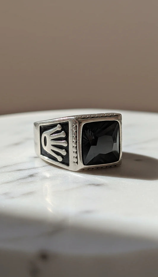 Men’s Stainless Steel Crown Ring with Black Stone