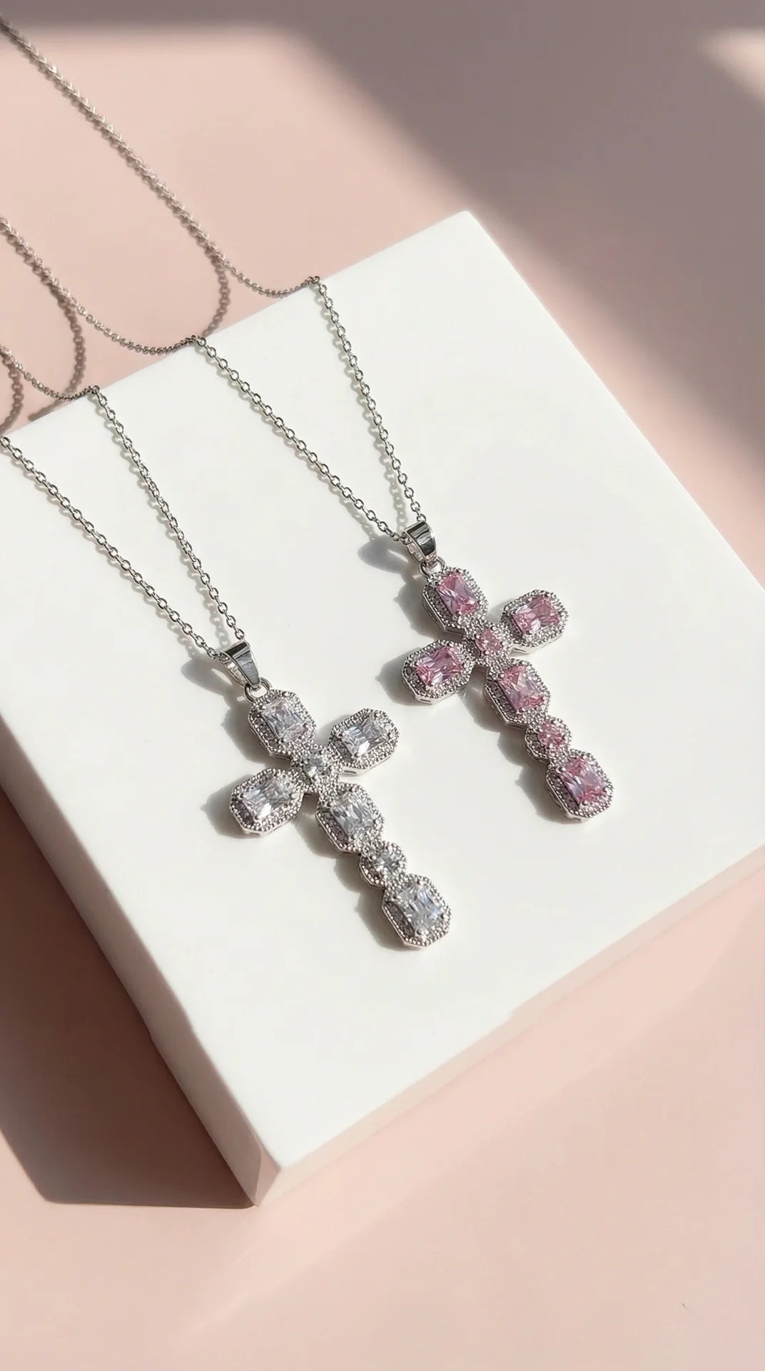 Oblong Crystal Cross Symbolic Pendant Necklace