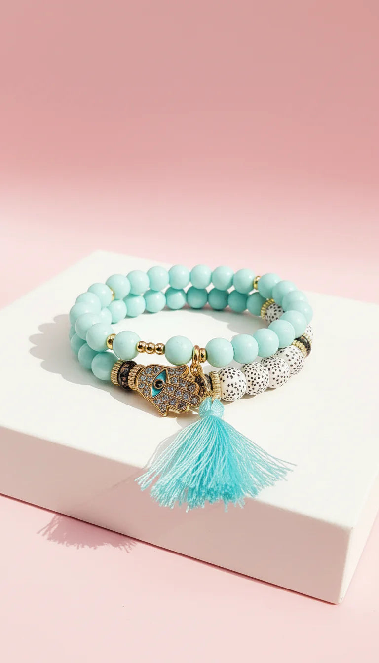 Tassel & Hamsa Charm Ceramic Beaded Bracelet Set