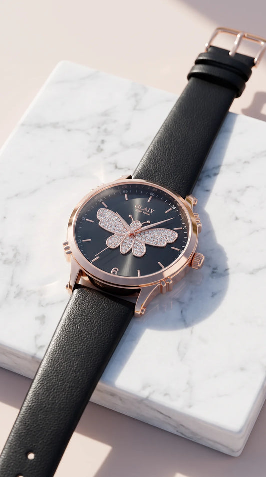 Butterfly Crystal Dial Leather Strap Watch