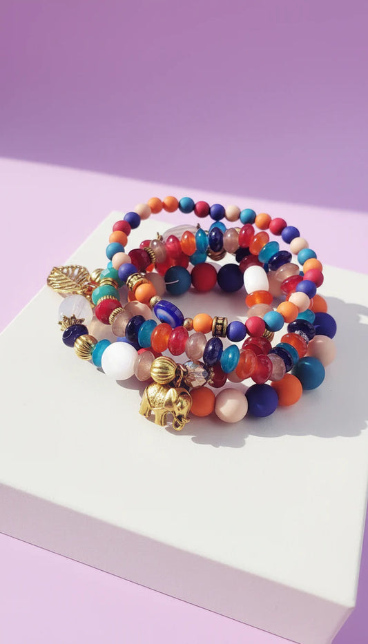 Gold Elephant & Leaf Charm Ceramic Beaded Bracelet Set