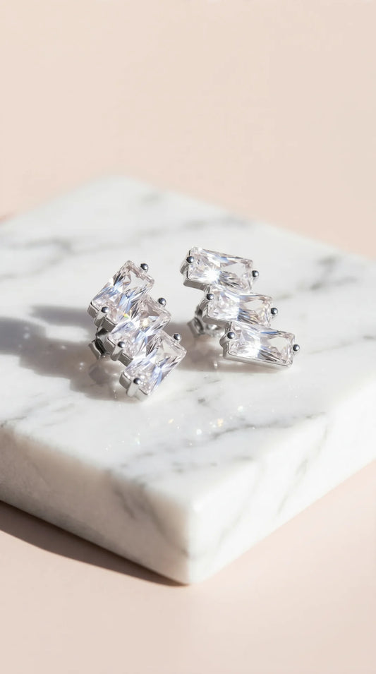 Baguette Cut Stacked Crystal Stud Earrings