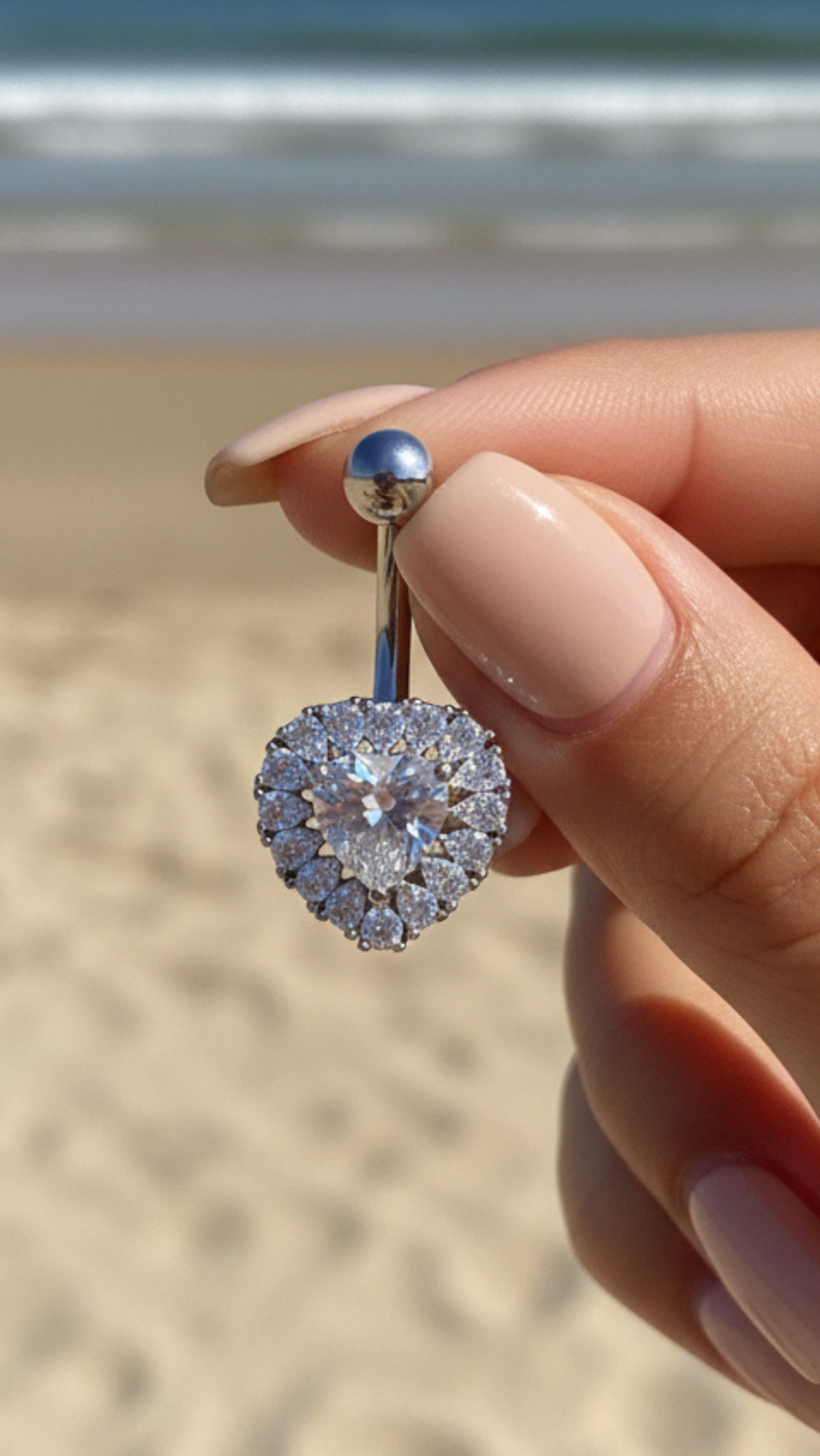 Gold Plated Heart Shape Stainless Steel Waterproof Crystal Belly Bar