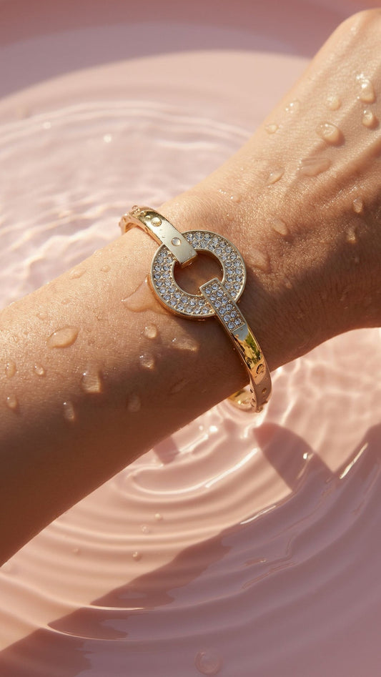 Round Pave Crystal Inlaid Stainless Steel Gold Plated Hinged Bangle