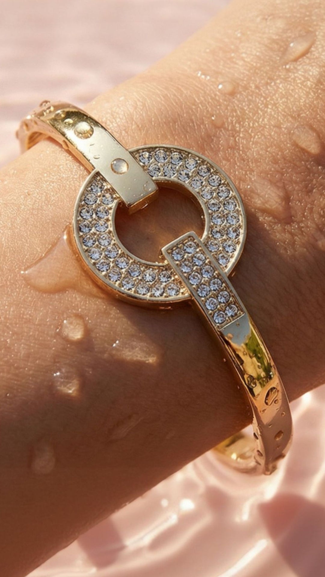 Round Pave Crystal Inlaid Stainless Steel Gold Plated Hinged Bangle