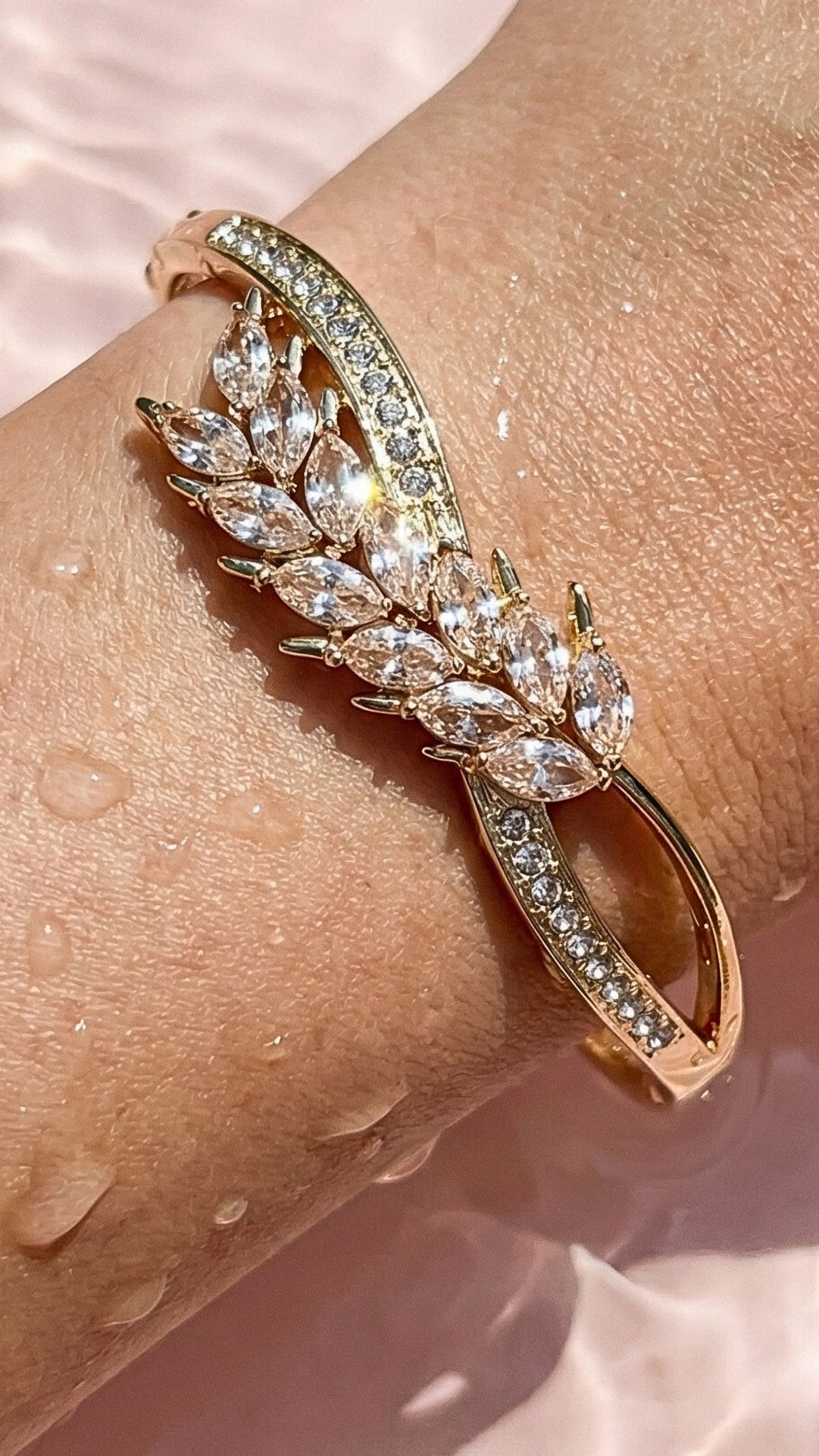 Curved Pave Crystal Inlaid Stainless Steel Gold Plated Hinged Bangle