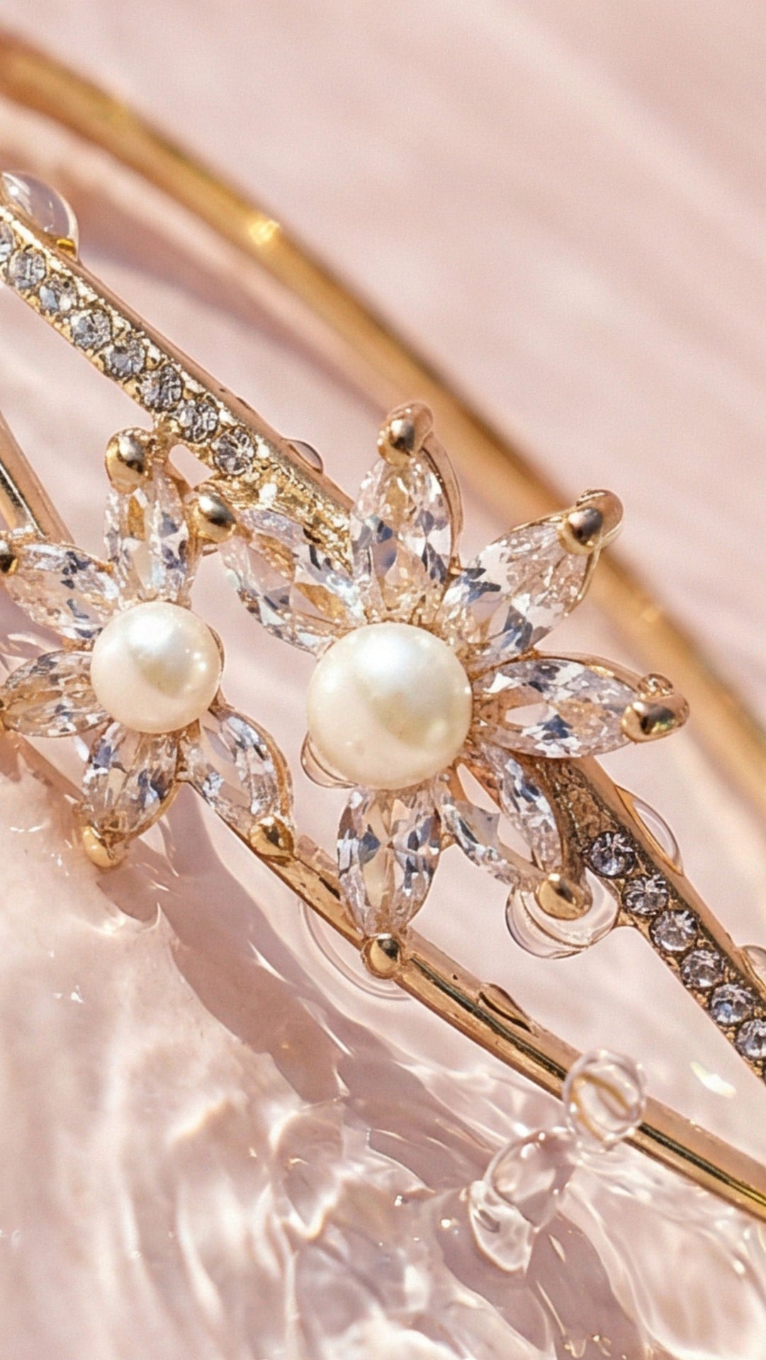 Flower & Pearls Crystal Inlaid Stainless Steel Gold Plated Hinged Bangle