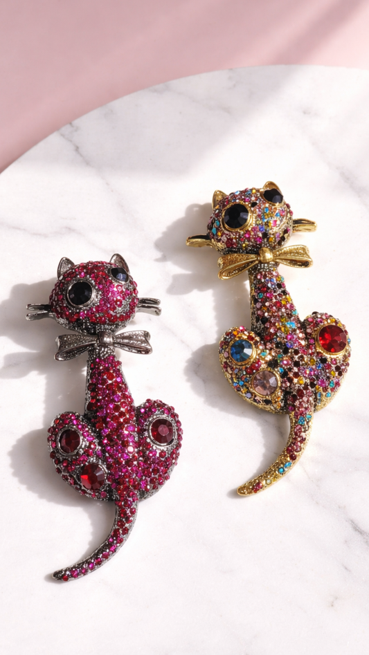 Crystal Cat With Bow Tie Brooch Pin