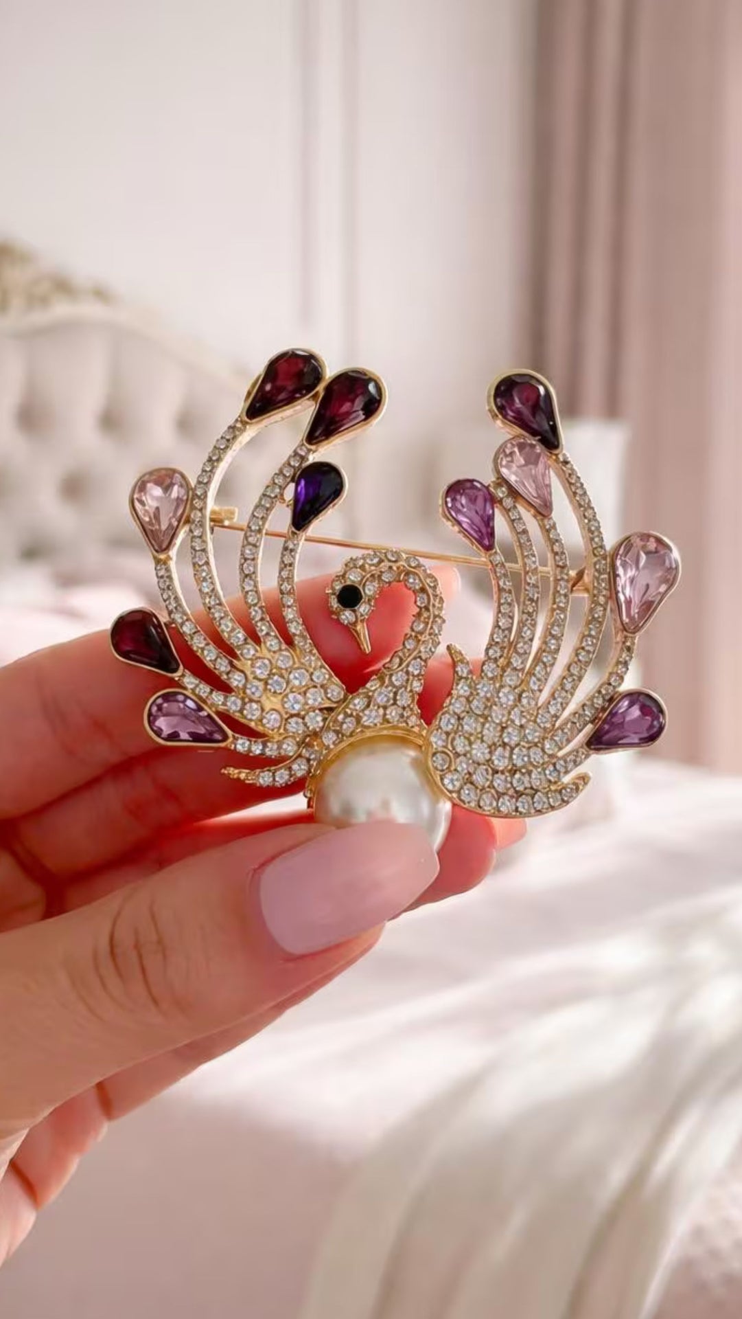 Peacock & Pearl Crystal Brooch Pin Rhinestone Statement Jewellery