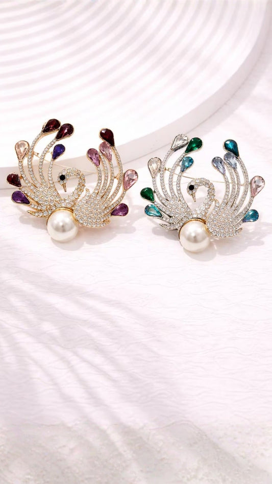 Peacock & Pearl Crystal Brooch Pin Rhinestone Statement Jewellery