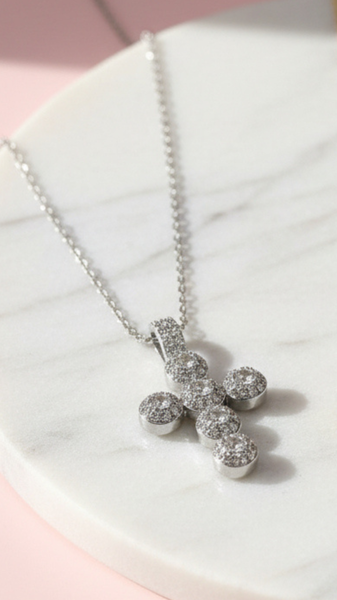 Stainless Steel Oval Crystal Cross Necklace