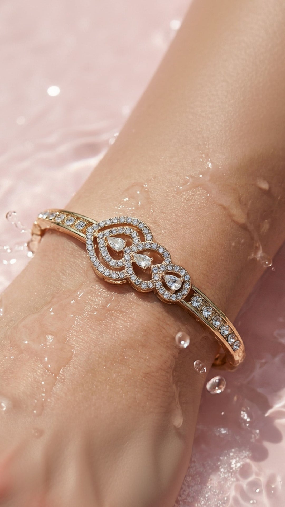 Layered Heart Crystal Inlaid Stainless Steel Gold Plated Hinged Bangle