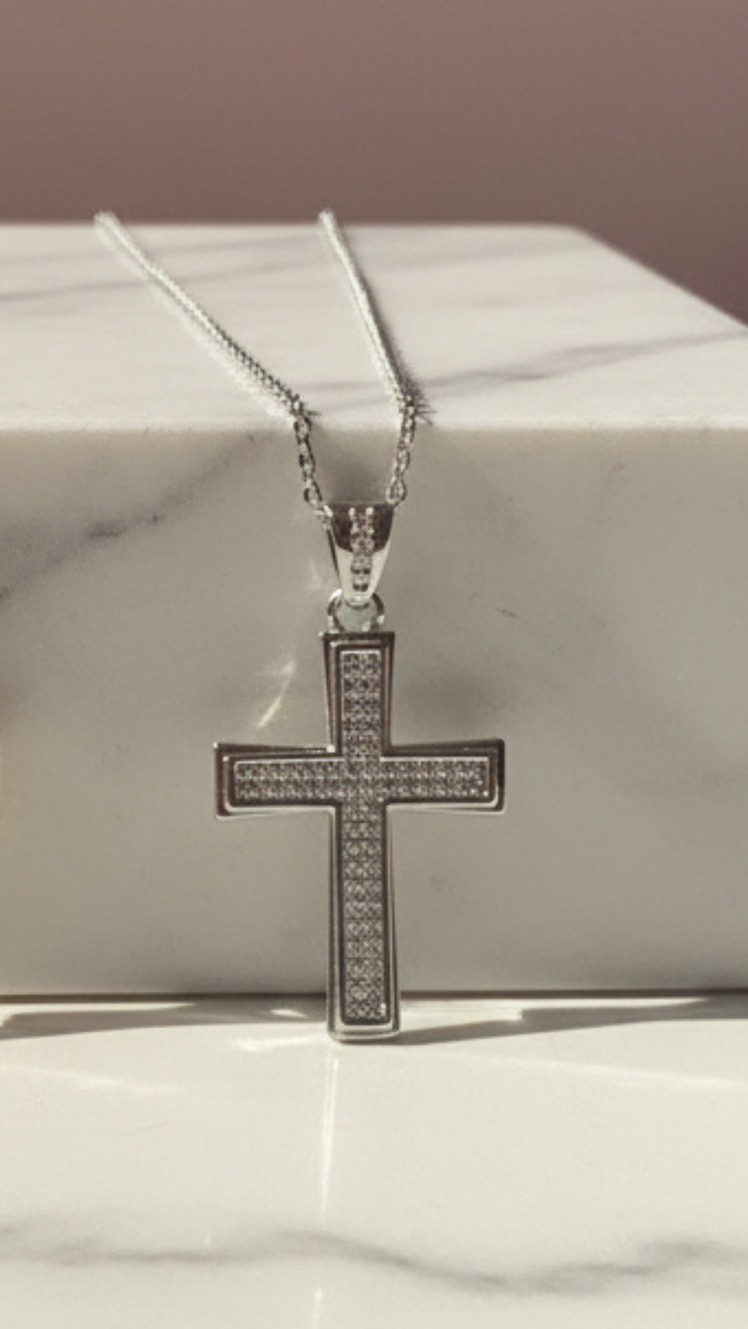 Stainless Steel Oblong Crystal Cross Necklace