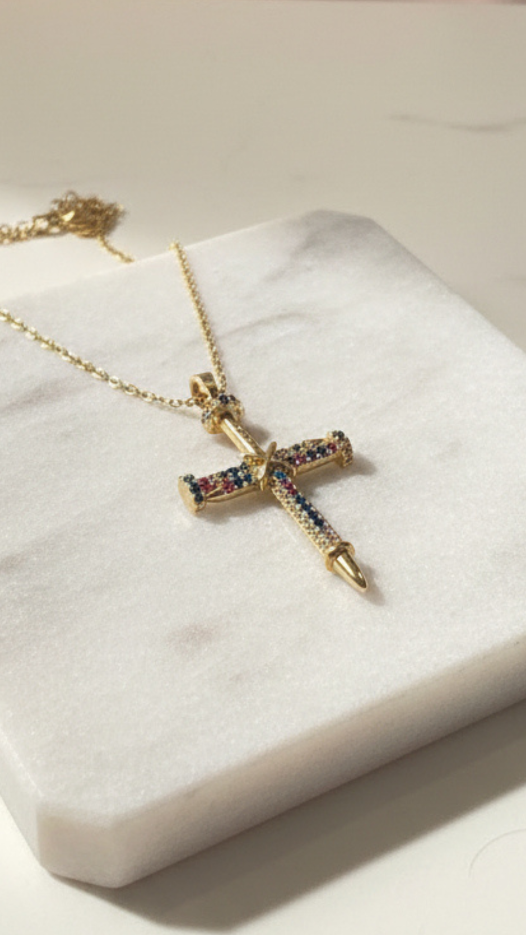 Stainless Steel Rainbow Crystal Cross Necklace