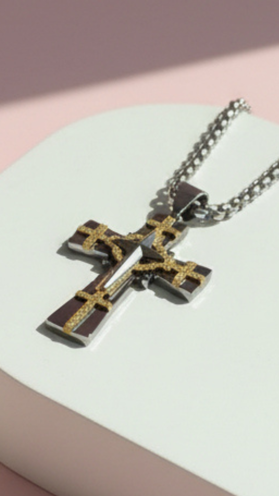 Waterproof Two Tone Textured Stainless Steel Cross Necklace