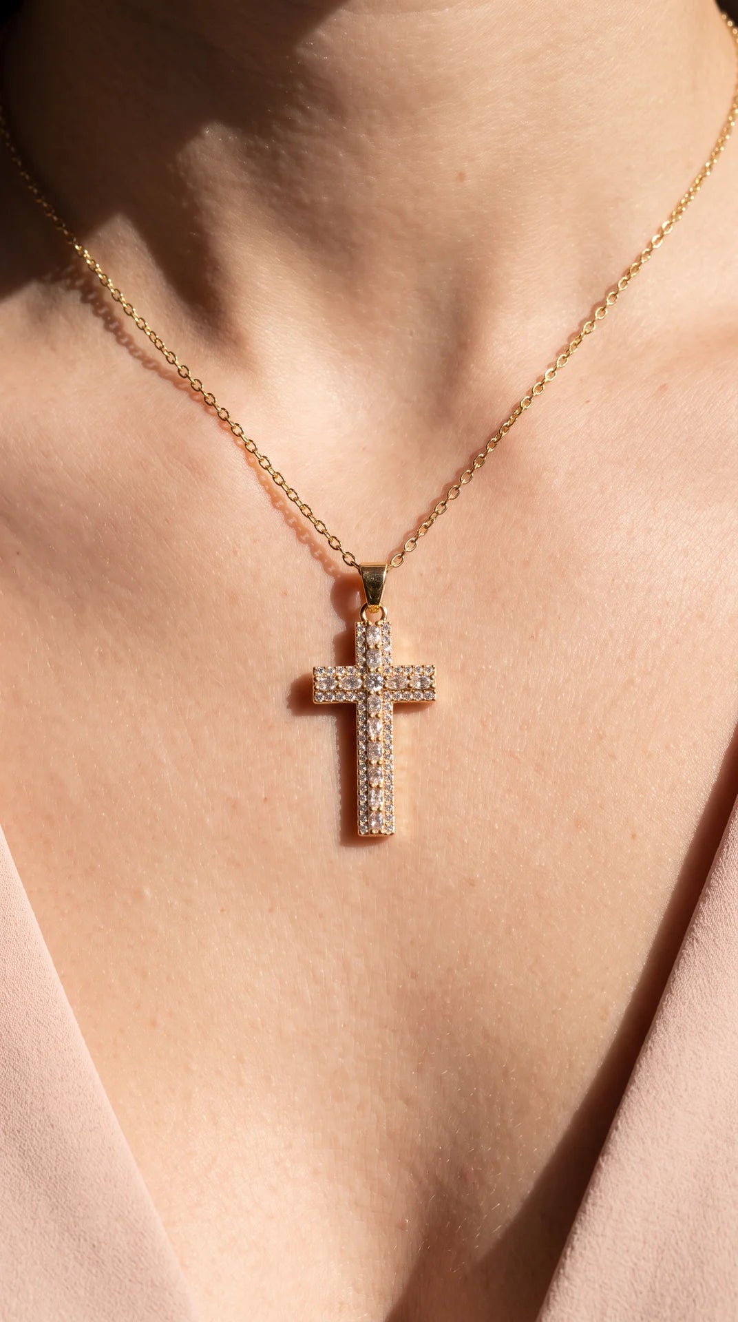 Stainless Steel Gold Pavé Crystal Cross Pendant Necklace