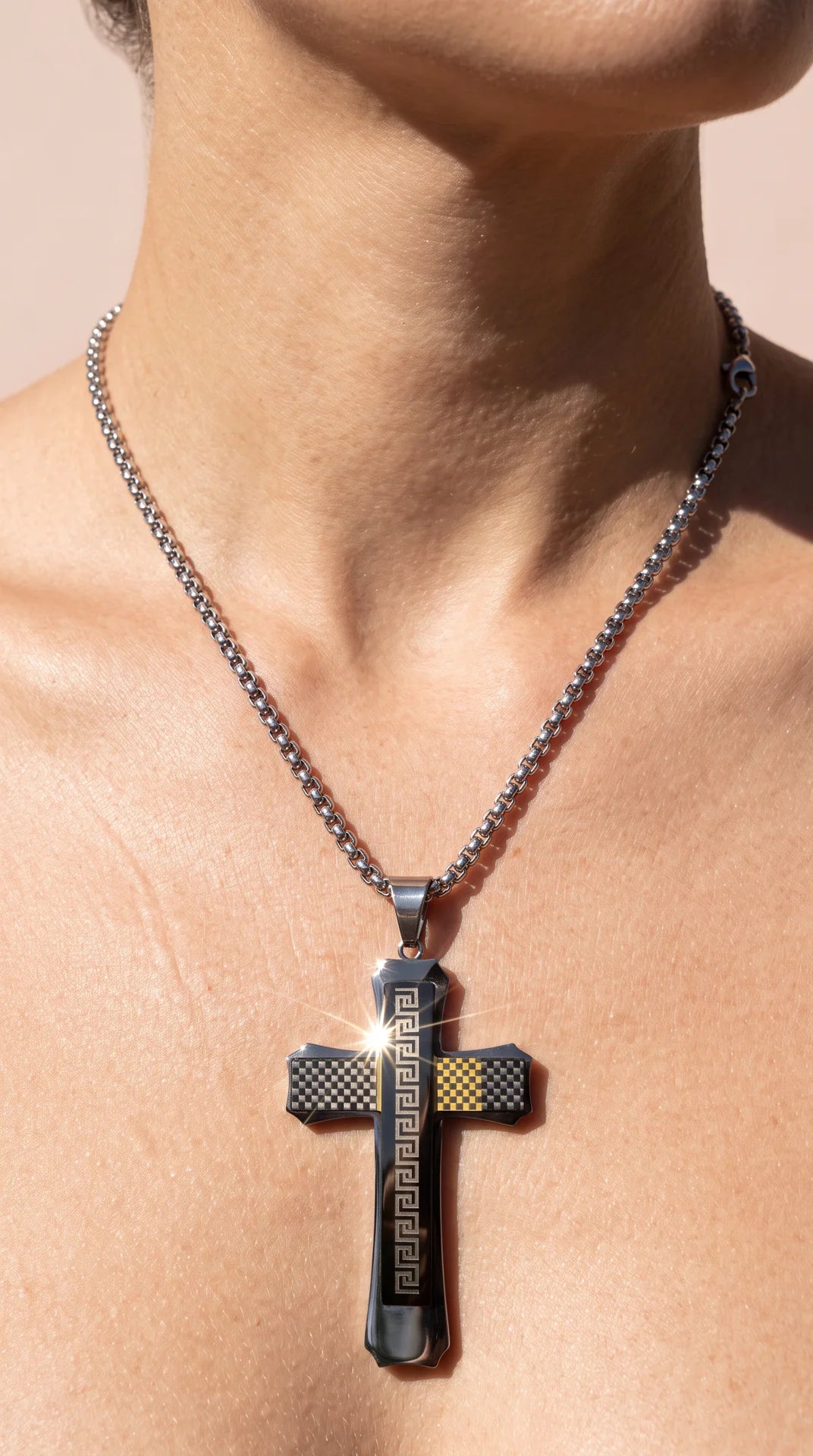 Stainless Steel Greek Key Pattern Layered Cross Necklace
