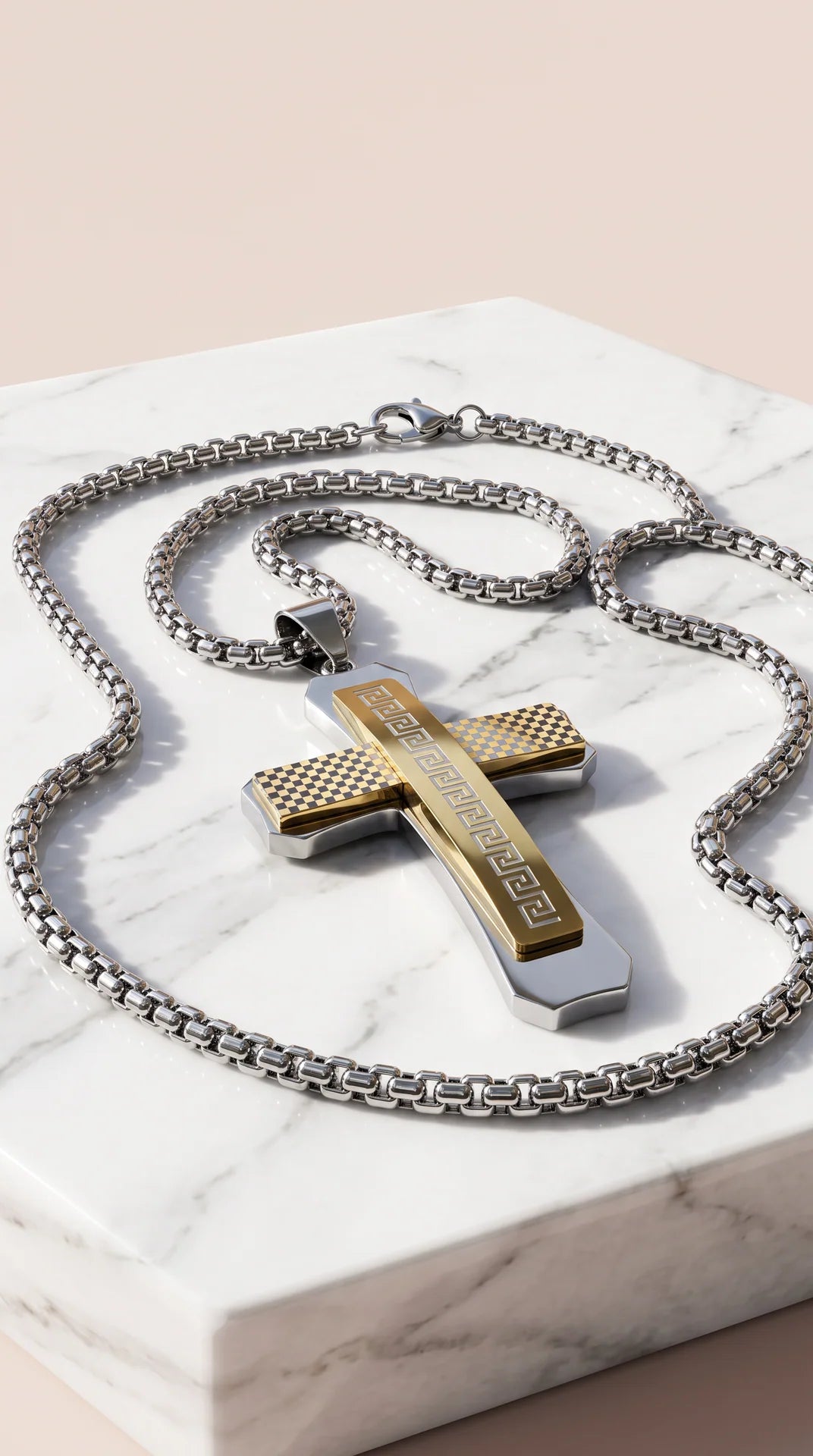 Stainless Steel Greek Key Pattern Layered Cross Necklace
