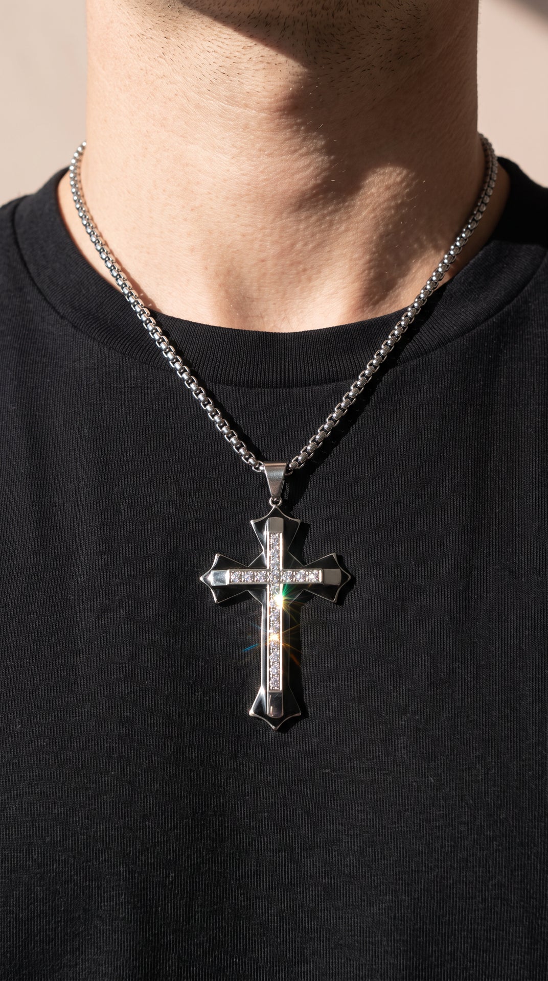 Stainless Steel Black Enamel Crystal Layered Cross Pendant Necklace