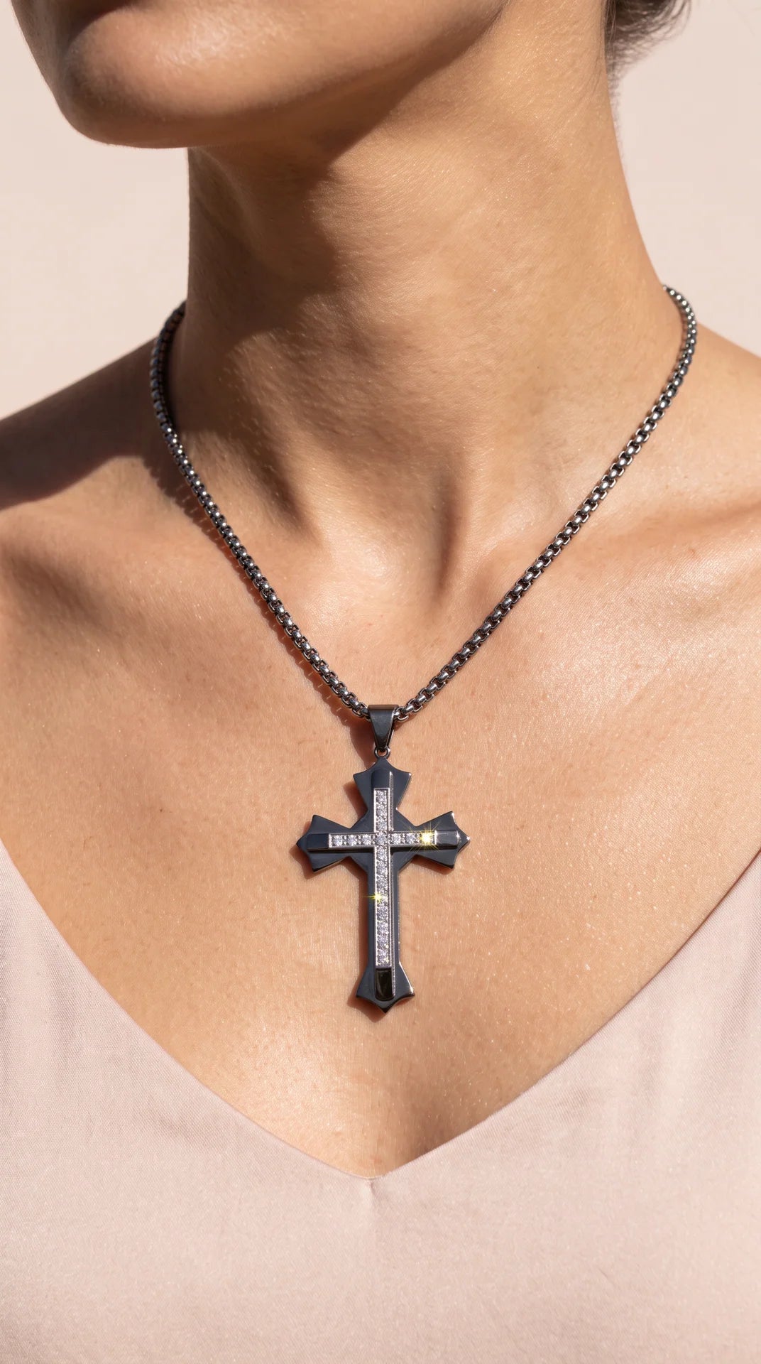 Stainless Steel Black Enamel Crystal Layered Cross Pendant Necklace