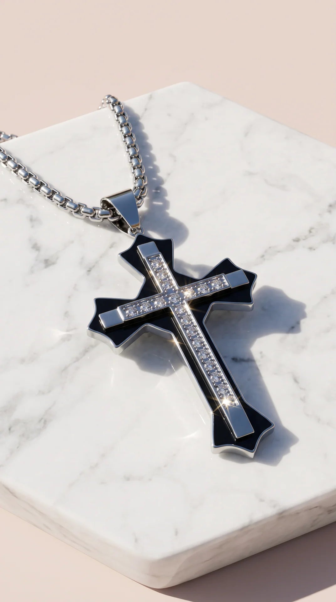 Stainless Steel Black Enamel Crystal Layered Cross Pendant Necklace