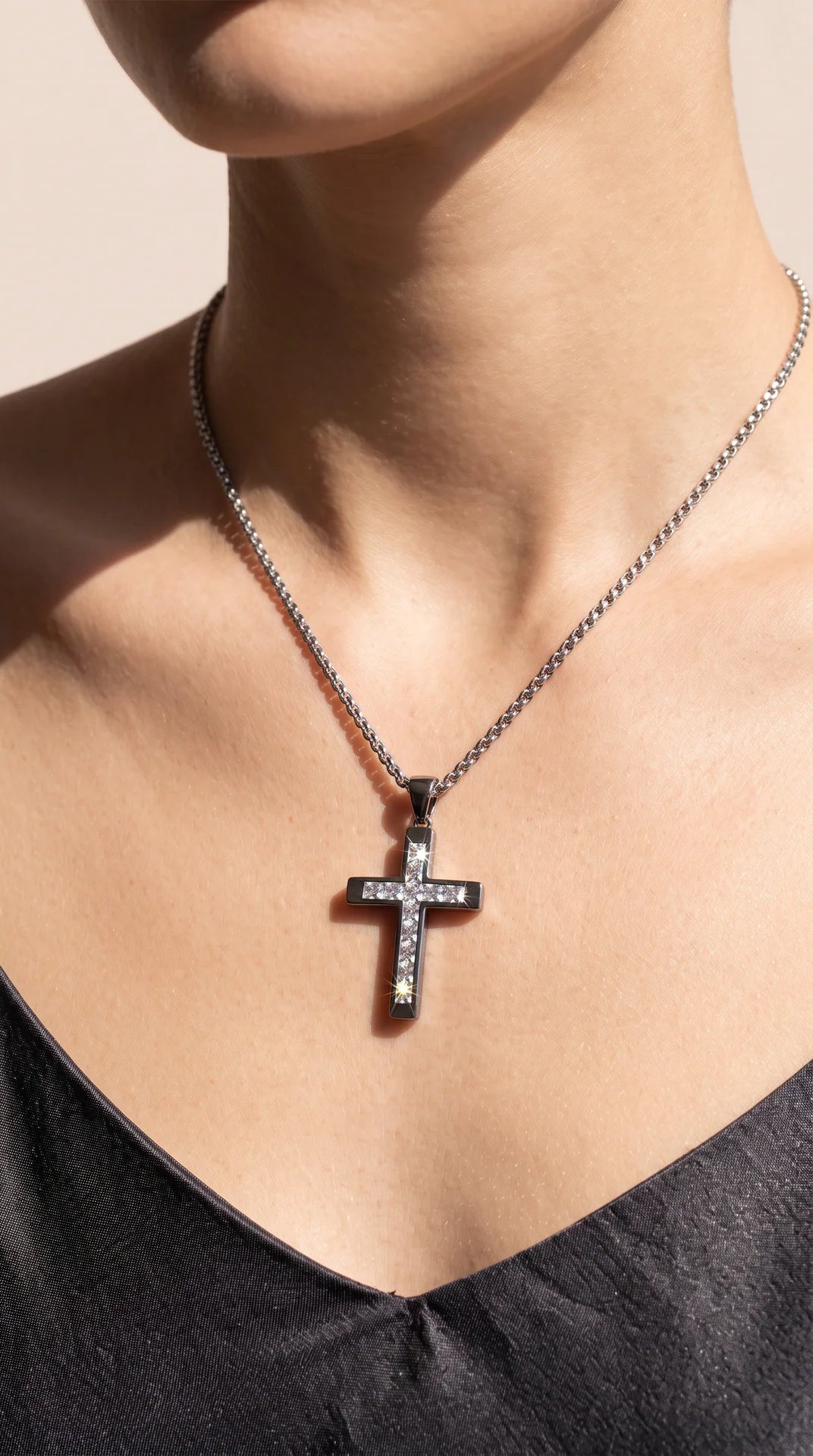 Stainless Steel Channel-Set Crystal Cross Pendant Necklace