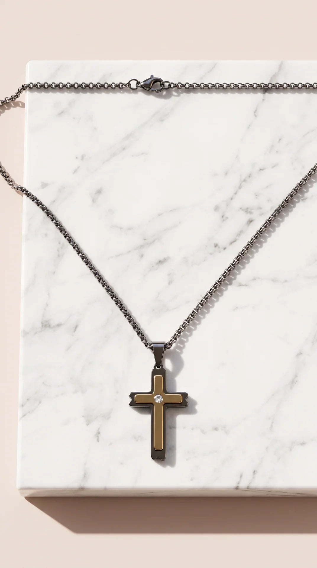 Stainless Steel Two-Tone Solitaire Cross Pendant Necklace