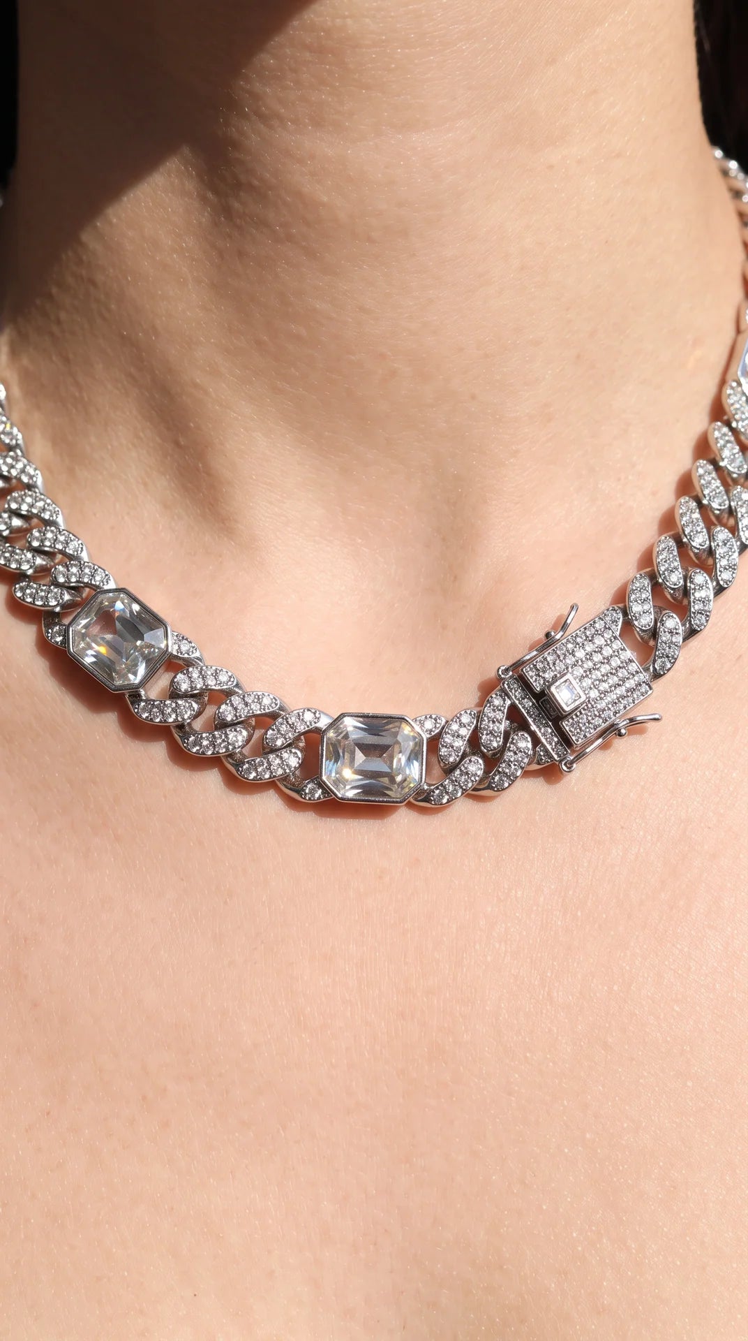 Crystal Clasp Cuban Link Necklace Chain