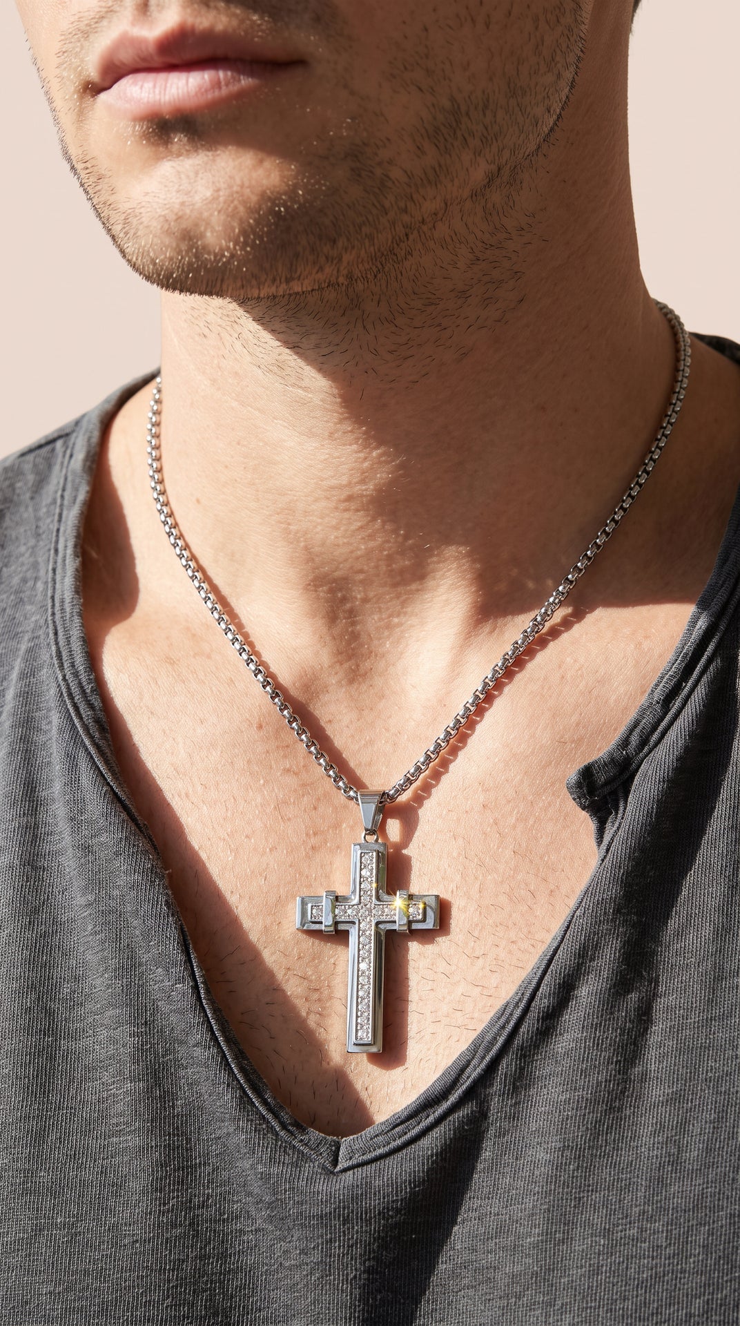 Stainless Steel Tiered Crystal Cross Pendant Necklace